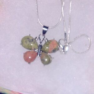 Boho hippie Unakite Butterfly Sterling Silver 16” Necklace